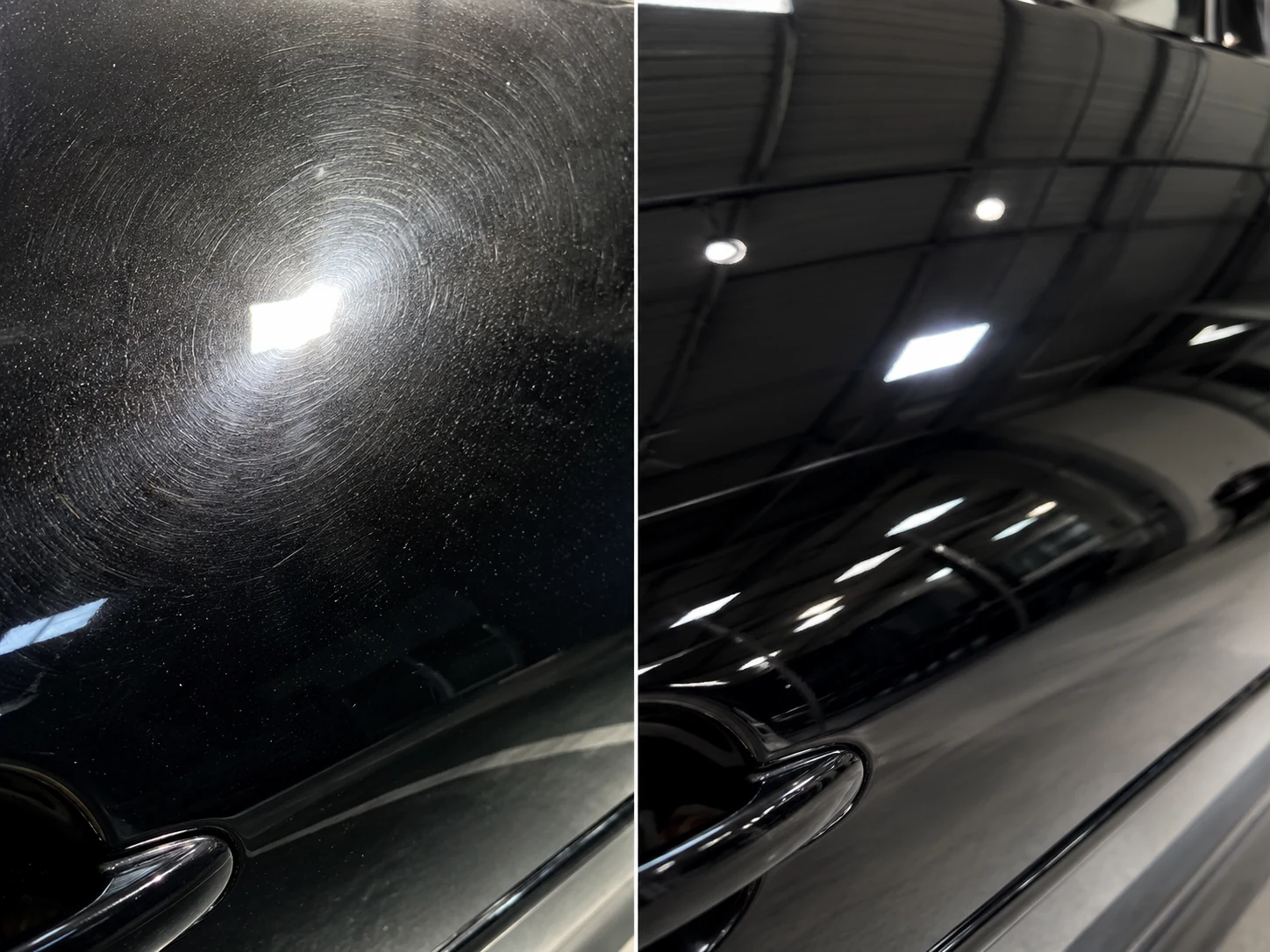 Car paint finish demonstrating the difference careful detailing can make